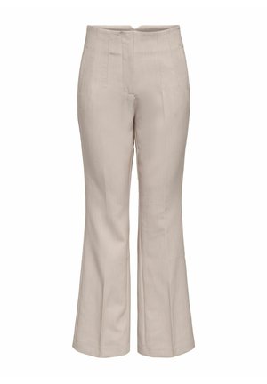 Pantalon beige pour femmes à taille haute avec légère évasement, coutures avant détaillées et poches latérales, présenté sur un fond blanc.