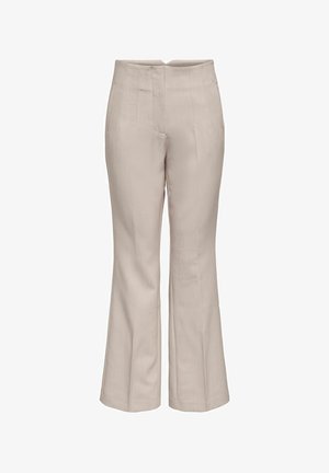 Pantalon beige pour femmes à taille haute avec légère évasement, coutures avant détaillées et poches latérales, présenté sur un fond blanc.
