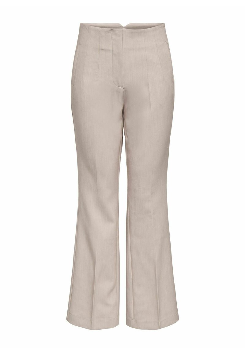 Pantalon beige pour femmes à taille haute avec légère évasement, coutures avant détaillées et poches latérales, présenté sur un fond blanc.