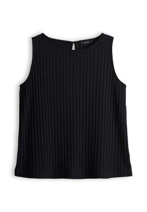 Top nero senza maniche in maglia a coste con scollatura rotonda e piccola chiusura con bottone sul retro.