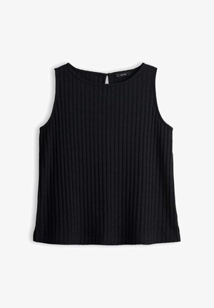 Top nero senza maniche in maglia a coste con scollatura rotonda e piccola chiusura con bottone sul retro.