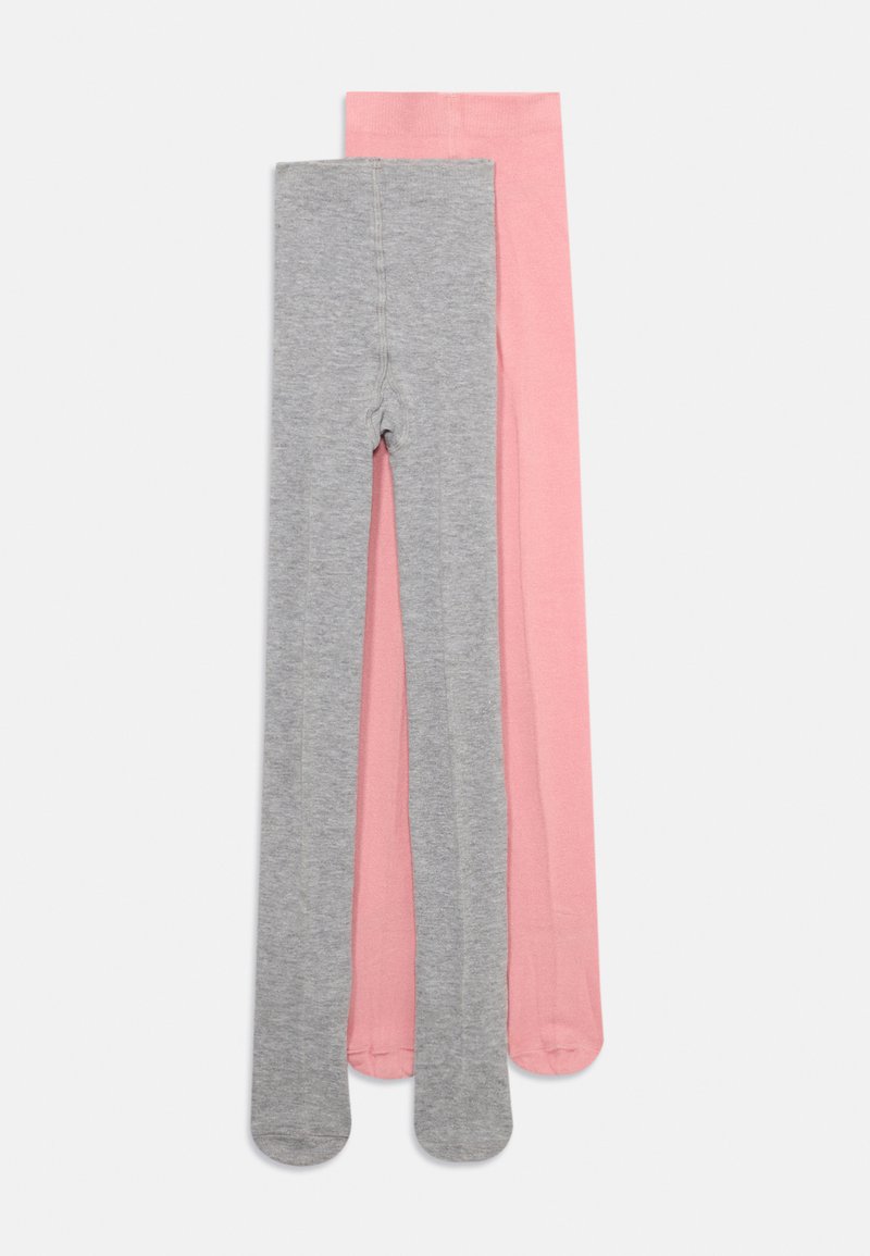 Deux paires de collants pour enfants pliés, l'un gris clair et l'autre rose, posés à plat sur un fond blanc.