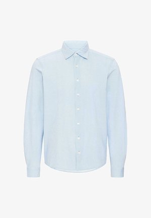 Light blue long-sleeve shirt with a button-down collar, featuring a fine striped pattern, white buttons, and a curved hem.