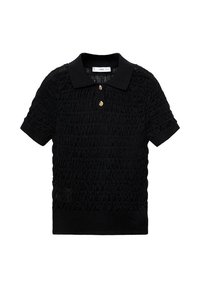 Polo noir en tissu texturé, avec un col, des manches courtes et trois boutons dorés au cou. Motif texturé sur l'ensemble.