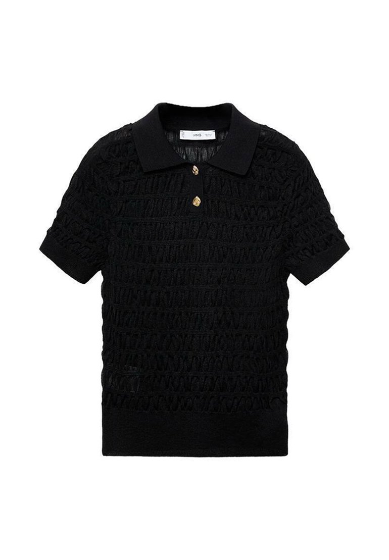 Polo noir en tissu texturé, avec un col, des manches courtes et trois boutons dorés au cou. Motif texturé sur l'ensemble.
