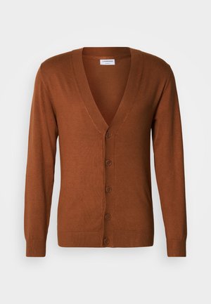 Brauner Cardigan mit V-Ausschnitt, gerippten Bündchen und geknöpftem Vorderteil. Hergestellt aus einem weichen Material, mit glatter Textur und figurbetontem Schnitt.