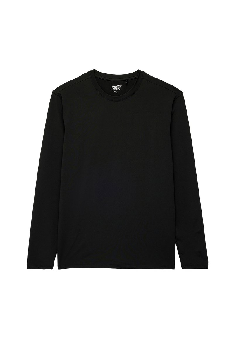 Czarna longsleeve t-shirt z gładkiego, elastycznego materiału. Posiada okrągły dekolt oraz minimalistyczny design bez widocznych wzorów czy akcentów.