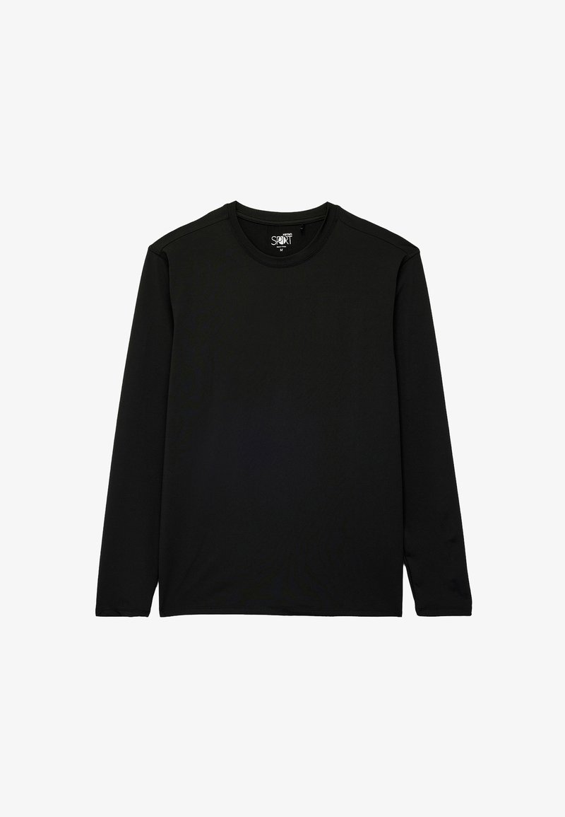 Sort langærmet t-shirt lavet af glat, strækbart stof. Har rund halsudskæring og minimalistisk design uden synlige mønstre eller accenter.