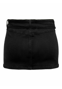 Mini-jupe en jean noir à taille haute, passants de ceinture et détail de couture arrière, vue de dos sur fond blanc.