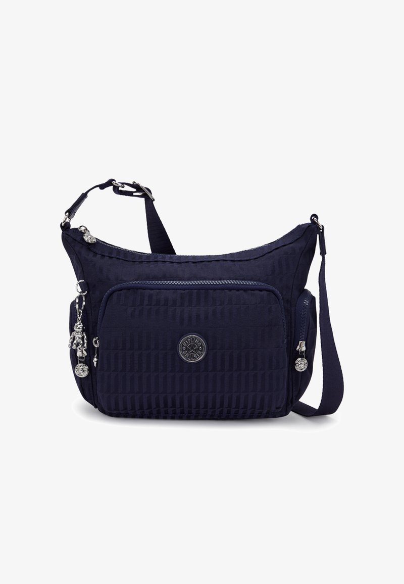 Borsa a spalla blu navy realizzata in tessuto testurizzato con tasca anteriore con zip, dettaglio del logo e tracolla regolabile. Presenta accenti in metallo argentato.