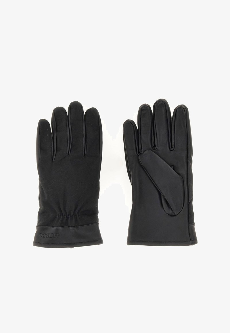 Gants en cuir noir à texture lisse, avec un design froncé au niveau du poignet et un rabat pour le pouce sur le gant droit.
