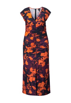 Fliederfarbendes Maxikleid mit orangefarbenen Blumen, kurzen Kap sleeves, V-Ausschnitt und geraffter Textur auf der Vorderseite. Reißverschluss hinten.