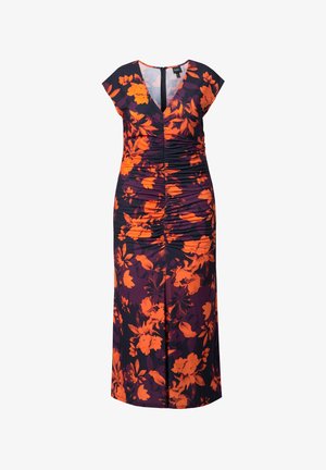 Blomster maxi-kjole i mørk lilla med orange blomster, korte ærmer, V-hals og samlet struktur foran. Lynlåslukning bagpå.