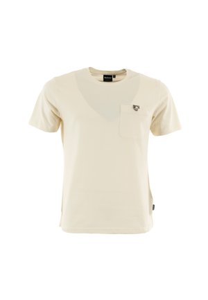 Helles beige T-Shirt mit kurzen Ärmeln aus weicher Baumwolle, ausgestattet mit einer Brusttasche mit dekorativem Verschluss und einem Rundhalsausschnitt.