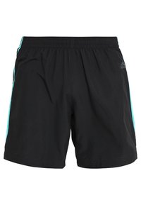 Pantalones cortos deportivos negros de tejido ligero, con una franja lateral color teal y una cintura elástica. Logo mostrado en la parte superior izquierda frontal.