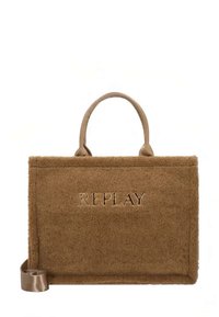 Sac à main en polaire marron avec un design structuré, doté de poignées courtes et d'une bandoulière réglable. "REPLAY" embossé sur le devant.