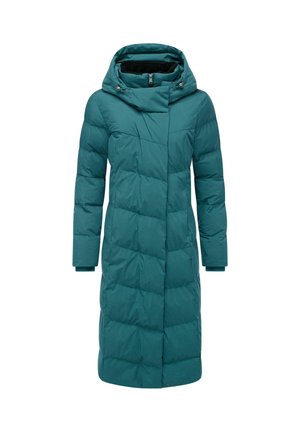 Teegrüner Puffercoat, knielang mit Kapuze, mit einem gesteppten Muster, einem Reißverschluss vorne und elastischen Bündchen für Wärme und Komfort.