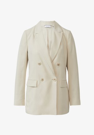 Beige doppelt üblicher Blazer mit Revers, zwei Fronttaschen und Knöpfen. Glattes Gewebe mit taillierter Passform und strukturierten Schultern.