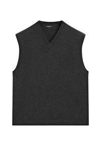 Gilet senza maniche a maglia di colore grigio scuro con scollatura a V e bordi a coste, disteso su una superficie piana.
