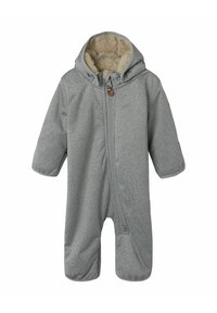 Combinaison de neige pour bébé grise avec une capuche doublée en polaire, fermeture éclair à l'avant et manches à revers. Texture douce et design minimal avec un subtil motif chiné.