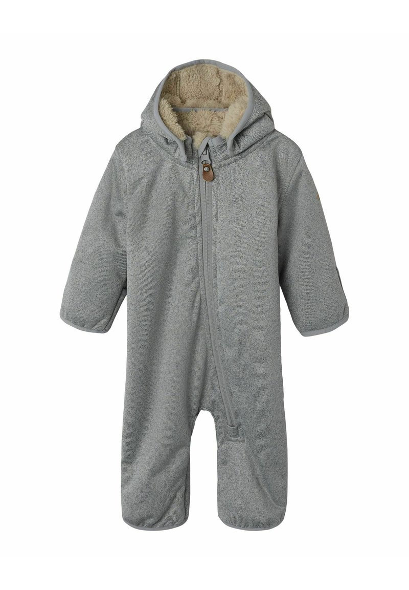 Combinaison de neige pour bébé grise avec une capuche doublée en polaire, fermeture éclair à l'avant et manches à revers. Texture douce et design minimal avec un subtil motif chiné.