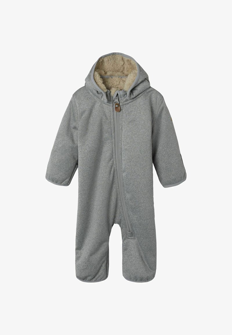 Mono de nieve gris para bebés con capucha forrada de forro polar, cremallera frontal y mangas ajustadas. Textura suave y diseño minimalista con un sutil patrón jaspeado.