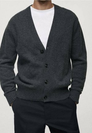 Grijze wol cardigan met een V-hals, knoopsluiting en geribde manchetten. Gedragen over een wit T-shirt met ronde hals, met een zachte textuur.