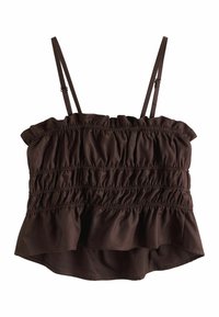 Crop top marron sans manches avec bretelles spaghetti réglables et tissu froncé et rassemblé sur le buste et l'ourlet.