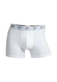 Boxer in cotone bianco con un elastico grigio in vita che presenta il logo "CR7". Il tessuto sembra morbido e con una texture liscia.