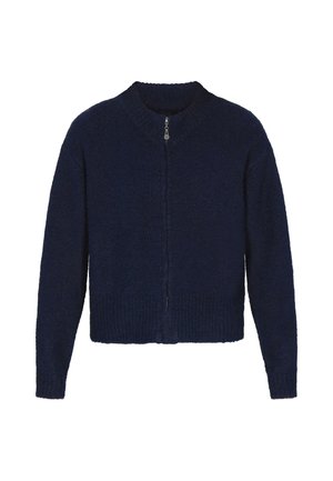 Navy blue knitted zip-up sweater with long sleeves and ribbed collar, cuffs, and hem.