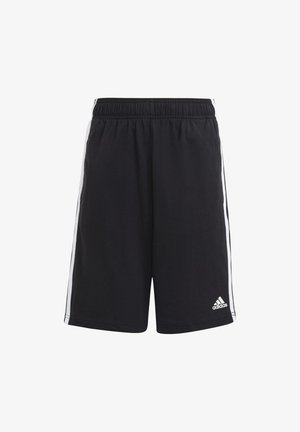 Pantalones cortos deportivos negros hechos de una tela suave con una cinturilla elástica, que presentan franjas laterales blancas y un pequeño logo en la esquina inferior.