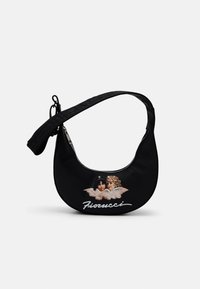 Borsa hobo nera in nylon con forma curvata, dotata di chiusura con zip e una stampa grafica di due figure simili a cherubini, impreziosita dal testo "Fiorucci".