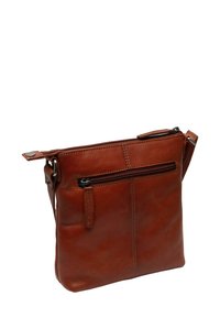 Borsa a tracolla in pelle marrone con texture liscia, chiusura con zip e tasca esterna con zip. Presenta un design minimalista e linee pulite.