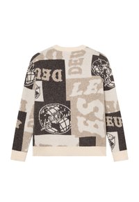 Adīta džemperis ar līdzības dizainu bēšā, brūnā un krēmkrāsā, ar teksturētām detaļām un grafiskiem elementiem, tostarp globusa motīviem.