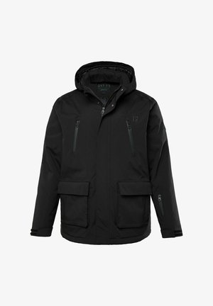 Černá venkovní bunda s kapucí, obsahující kapsy na zip, patentky a elastické manžety. Vyrobena z hladkého, lehkého materiálu.