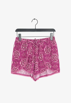 Pantaloncini rosa con motivo stampato, realizzati in tessuto leggero. Presentano disegni intricati in crema e rosa più scuro. Vita regolabile con coulisse e orlo smerlato.