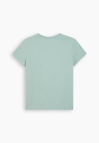Plain light green short-sleeve cotton t-shirt laid flat showing the back side with a round neckline on a white background.