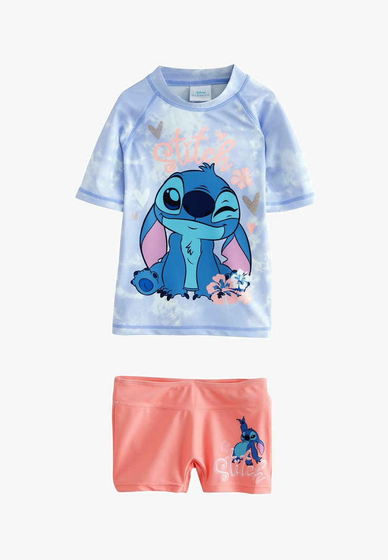 Children's two-piece swimwear with a light blue short-sleeve top featuring a winking Stitch character and coral shorts with a small Stitch print.