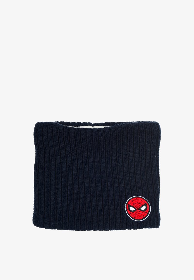 Donkerblauw geribd breihoedje met een ronde rode Spider-Man patch, voorzien van witte accenten. Zachte textuur en eenvoudig cilindrisch ontwerp.