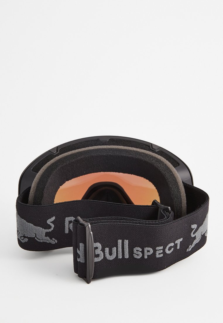 Czarne gogle narciarskie z refleksyjną pomarańczową soczewką, wyściełanym wnętrzem z pianki oraz czarnym, elastycznym paskiem z jasnoszarym logo.