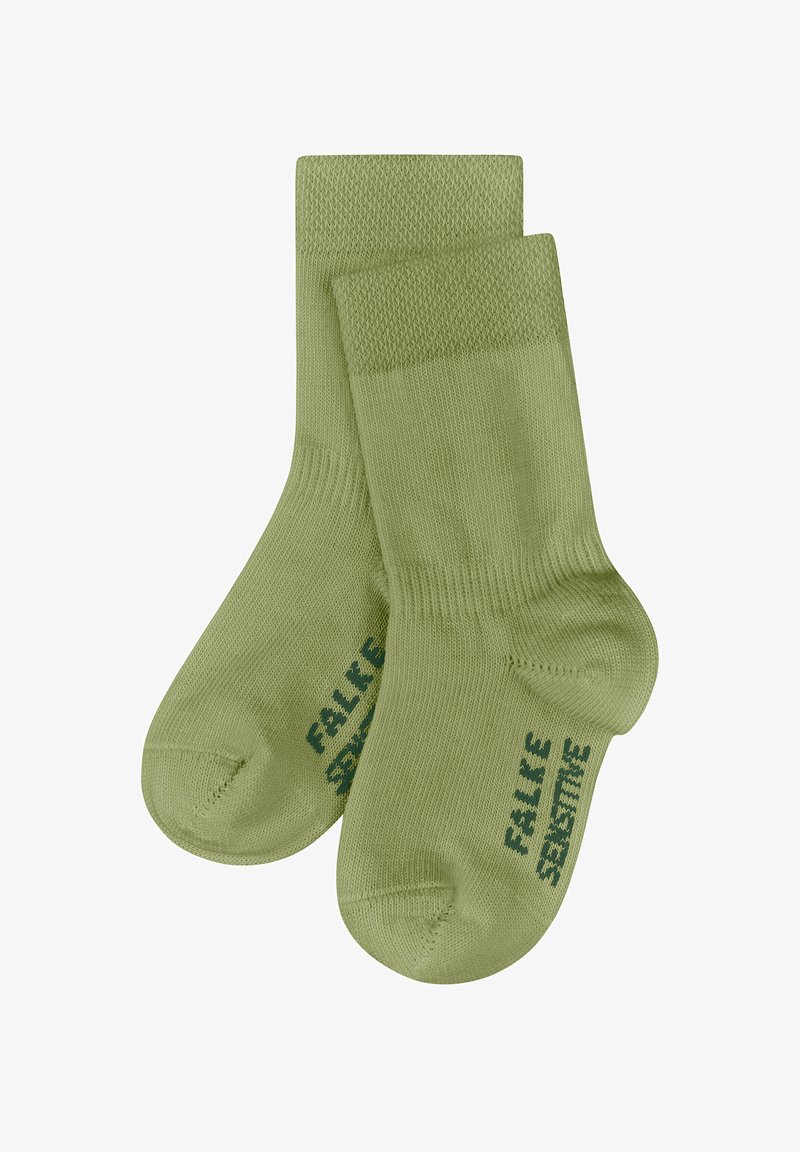 Grüne Baumwollsocken mit einem strukturierten Strickdesign, ausgestattet mit einem gerippten Bündchen und bedrucktem Text in dunkelgrün. Klassischer Crew-Länge-Stil.