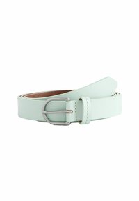 Ceinture en cuir vert menthe avec une boucle en métal argenté, présentant une texture lisse et un design classique. Le côté intérieur est marron.