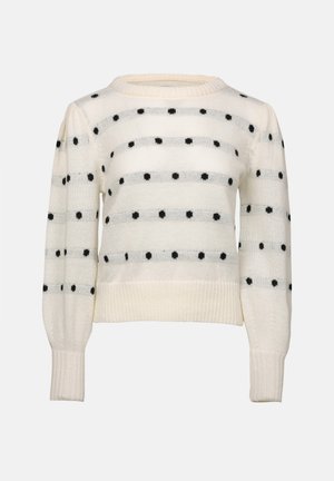 Hvid strikket sweater med horisontale striber og sorte polka dots. Rund hals, lange ærmer, ribstrikkede manchetter og kant. Blød tekstur.