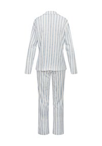 Svītrains mājas apģērba komplekts gaiši zilos un baltos toņos, ar garām piedurknēm, ar izgriezumu pie apkakles un taisnas kāju biksēm, izgatavots no mīksta auduma.