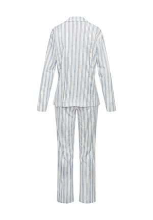 Gestreiftes Loungewear-Set in Hellblau und Weiß, mit langen Ärmeln, einem abgerundeten Kragen und geraden Hosenbeinen, aus einem weichen Stoff gefertigt.