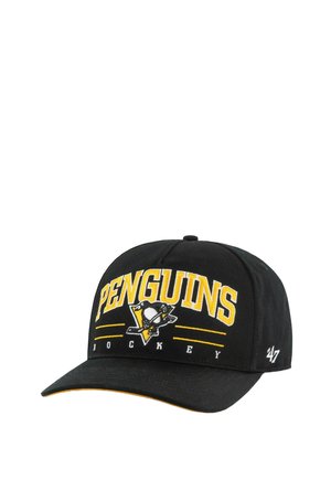 Black baseball cap with yellow "PENGUINS" text, logo, and "HOCKEY" embroidery. Features a flat brim and adjustable strap.