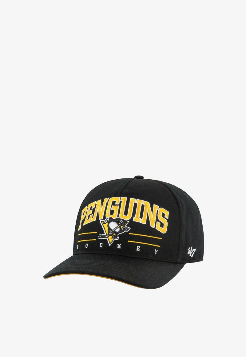 Schwarze Baseballmütze mit gelbem "PENGUINS"-Text, Logo und "HOCKEY"-Stickerei. Verfügt über einen flachen Schirm und einen verstellbaren Riemen.