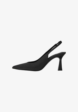 Escarpin slingback noir à bout pointu, talon haut fin et évasé de manière unique, avec une matière supérieure lisse.