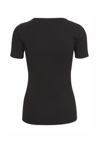 Svart kortärmad t-shirt med rund halsringning. Tillverkad av ribbat material, har den en figurnära passform och en slät yta. Enkel design, utan mönster eller detaljer.