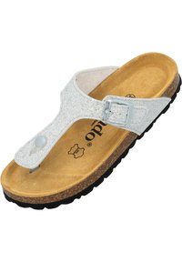 Infradito bianco glitterato con fibbia argentata, soletta in sughero e suola nera texturizzata. Nota per la sua finitura lucida e il design semplice.